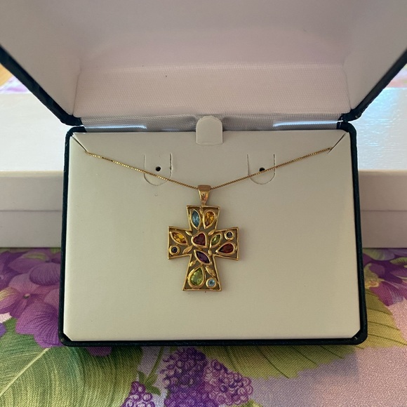 Multi gemstone cross necklace